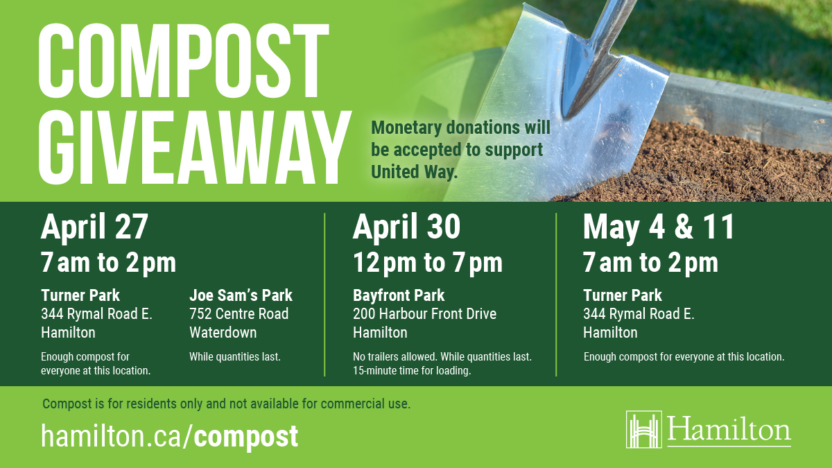 cityofhamilton's tweet photo. Visit our new Compost Giveaway location at Bayfront Park on Tuesday, April 30 from 12-7pm. Due to the limited space here, trailers will not be permitted and there will be a 15-minute limit for loading compost. Details: https://t.co/Dt8MzoBsi9 https://t.co/RIkaRnvSvc