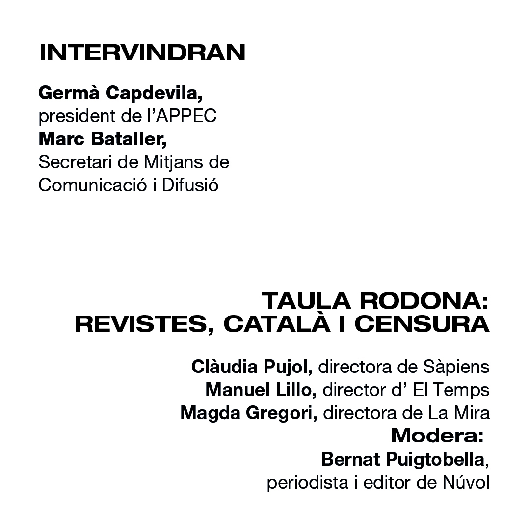 [🗣️#IrlaRecomana] Demà dimarts 30/04 @revistesAPPEC presenta la campanya ✊ «Més fortes que la censura» 👥 Amb @pujolclaudia, @lillousechi, @MagdaGregori, @gcapdevila, @marcbataller i @puigtobella 📍 A @onallibres 🕠 17:30h Inscriu-te ja! 📝 i.mtr.cool/ysgstlctef