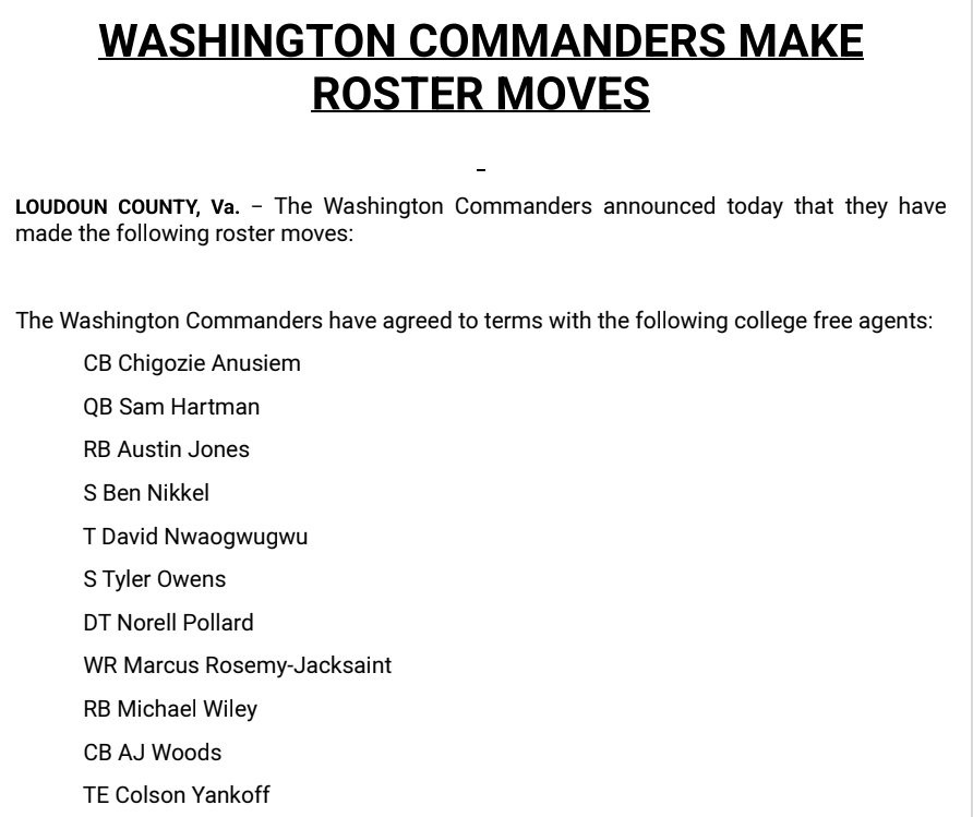 The UDFA list is out for the Commanders...