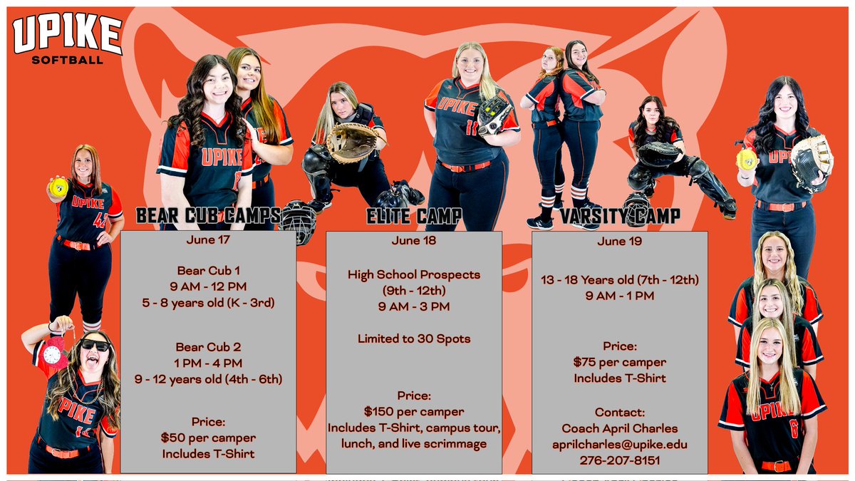 Join us for summer camps! Pre-registration is now open, just follow the link below to get started!
upikesoftball.wixsite.com/upike-softball