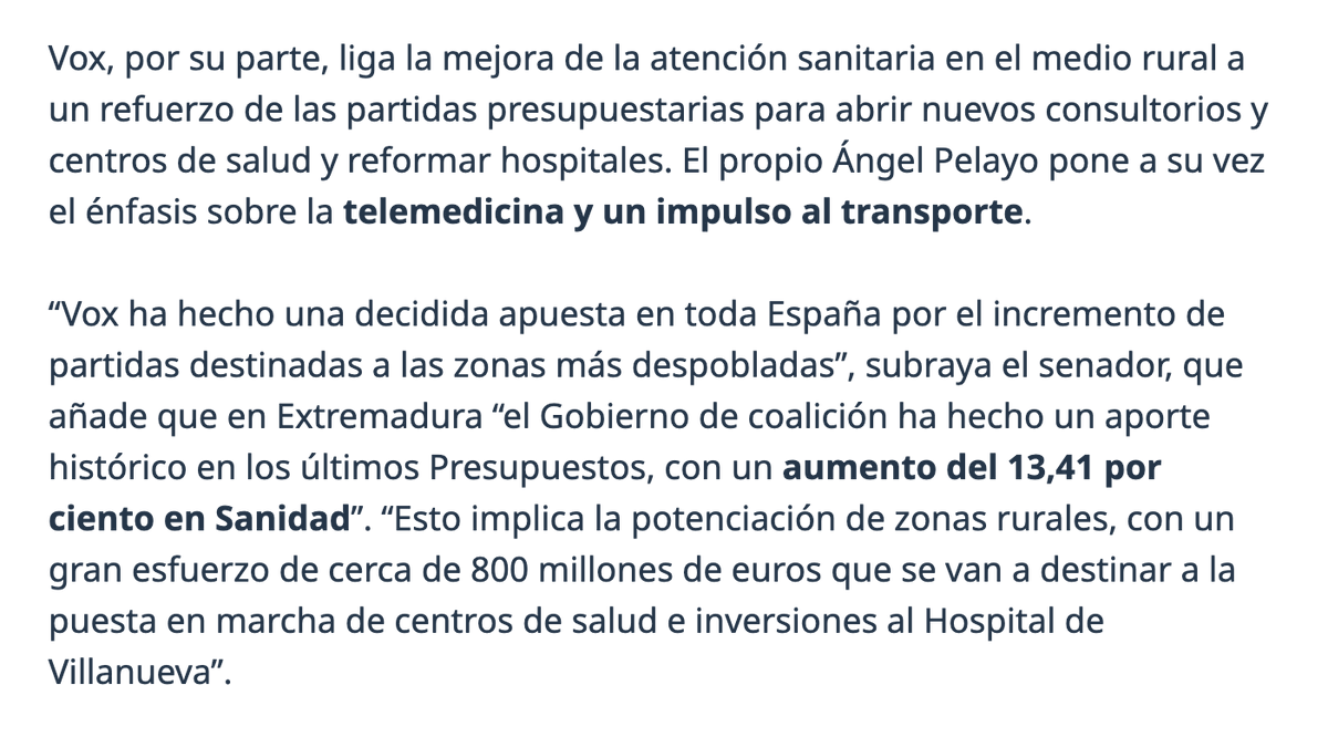 📣 @_Angel_Pelayo explica en @redaccionmedica la necesidad de mejorar la atención sanitaria en el medio rural con la apertura de nuevos consultorios y centros de salud. 🗣️ 'VOX ha hecho una decidida apuesta por el incremento de partidas destinadas a las zonas más despobladas'.