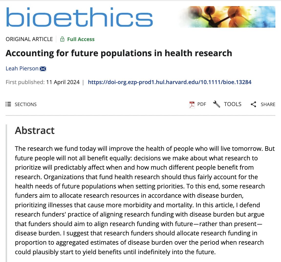 My first solo-authored paper, Accounting for future populations in health research, is now out in Bioethics! It addresses a basic question research funders face: how forward-looking should they be? 1/5