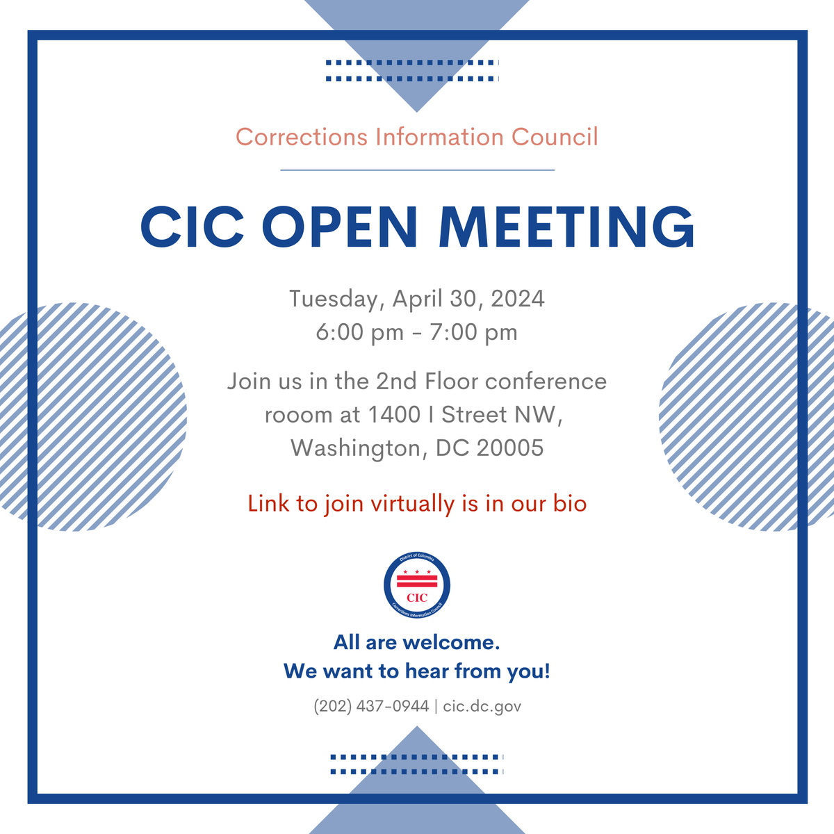 dc_cic_info's tweet photo. Tomorrow the CIC is hosting our quarterly open board meeting! The meeting will take place at 6:00 PM at 1400 I Street NW in the second floor conference room. The meeting will also be accessible virtually via the link in our bio! We hope to see you there. https://t.co/IgzLANMiMf