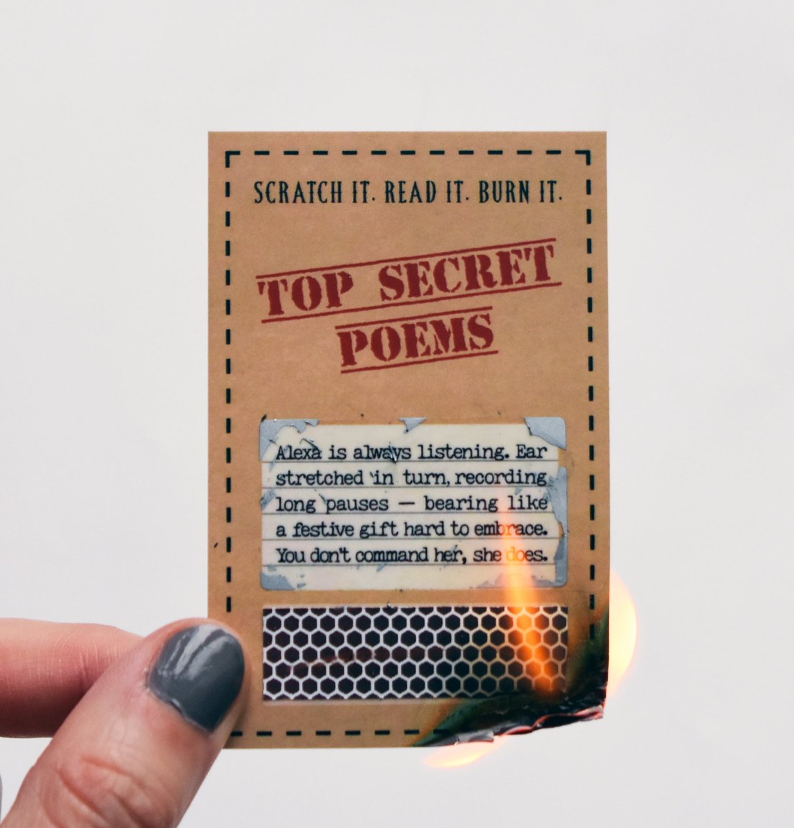 Top Secret Poems comes with a set of instructions: “Scratch it. Read it. Burn it.” The envelope contains a series of poems based on some of the most popular conspiracy theories.🔥👀 poematlas.com/product-page/t…