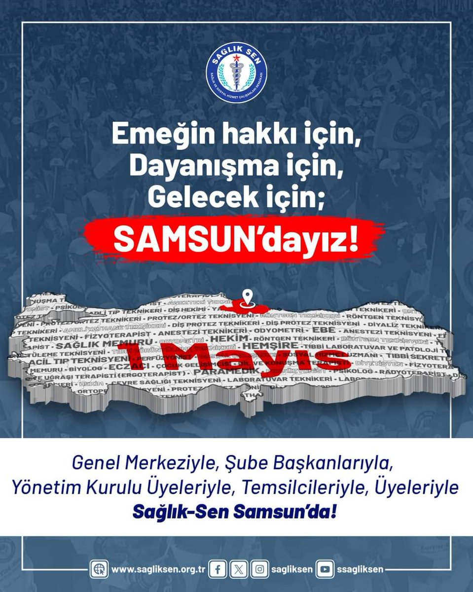 Emeğin hakkı için, Dayanışma için, Gelecek için; SAMSUN’dayız! Genel Merkezimizle, Şube Başkanlarımızla, Yönetim Kurulu Üyelerimizle, Temsilcilerimizle ve Üyelerimizle tüm sağlık ve sosyal hizmet çalışanları için 1 Mayıs Emek ve Dayanışma Günü’nde Samsun’da olacağız. #1Mayıs