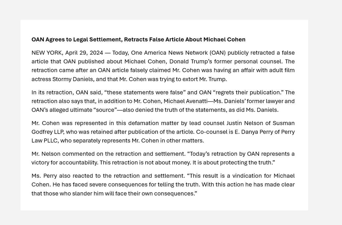 Today OAN has announced it is retracting a false story about my client @MichaelCohen212. This is a total vindication for Mr. Cohen -- and a warning: Mr. Cohen is telling the truth, and there will be legal consequences for those who lie about him. See our full statement: