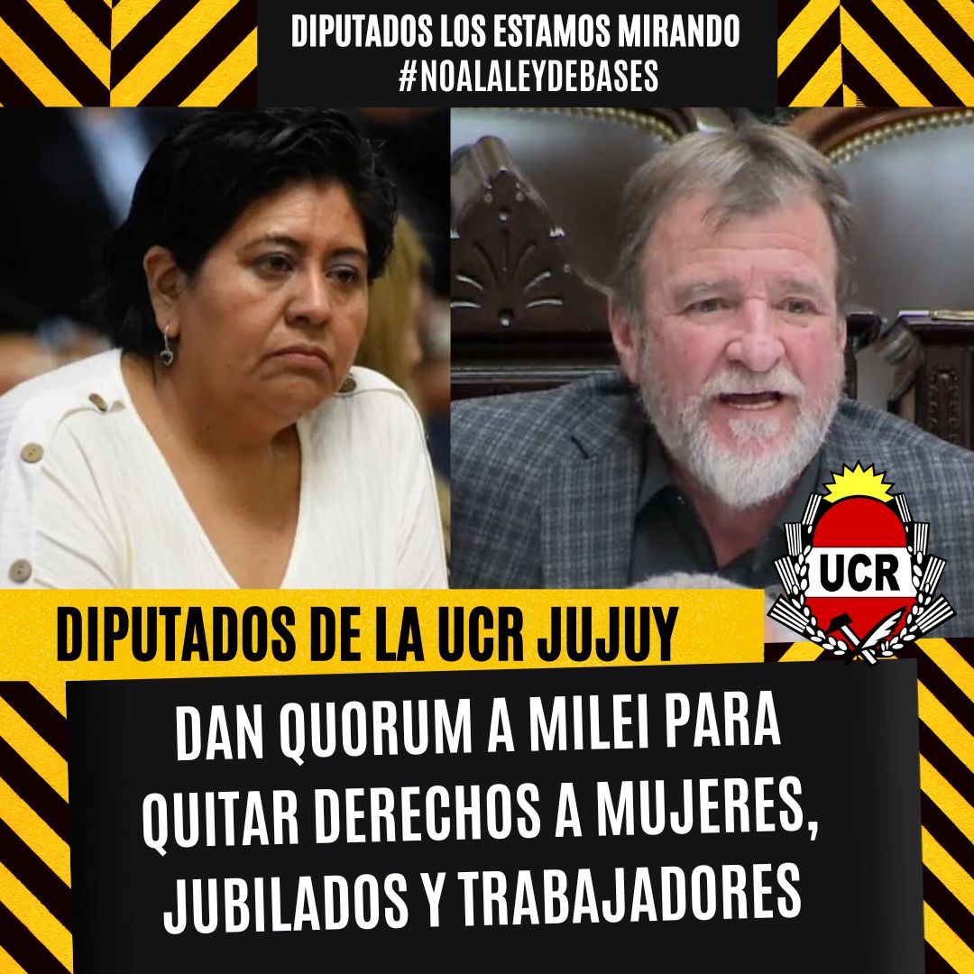 Natalia Sarapura y Jorge Rizotti, de la UCR de Jujuy, dando quórum para avanzar con la Ley de Bases que atacará a las mujeres, trabajadores, comunidad indígenas y la ciencia y tecnología. Que quede bien en claro que son responsables. #NoALaLeyDeBases