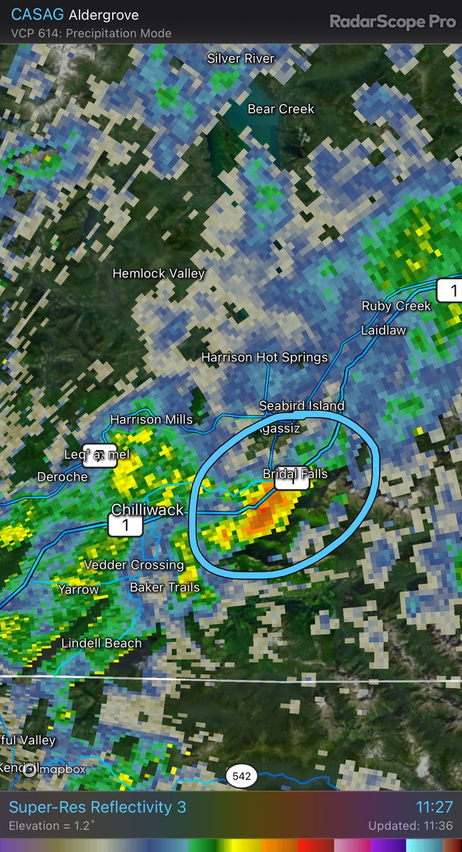 Tilted up so you can see it but the first thunderstorm of the day in the #FraserValley near Bridal Falls.
Heads up for heavy rain, possible small hail for those travelling along #BChwy1

CASAG - Super-Res Reflectivity 3 11:27 #BCStorm #BCwx