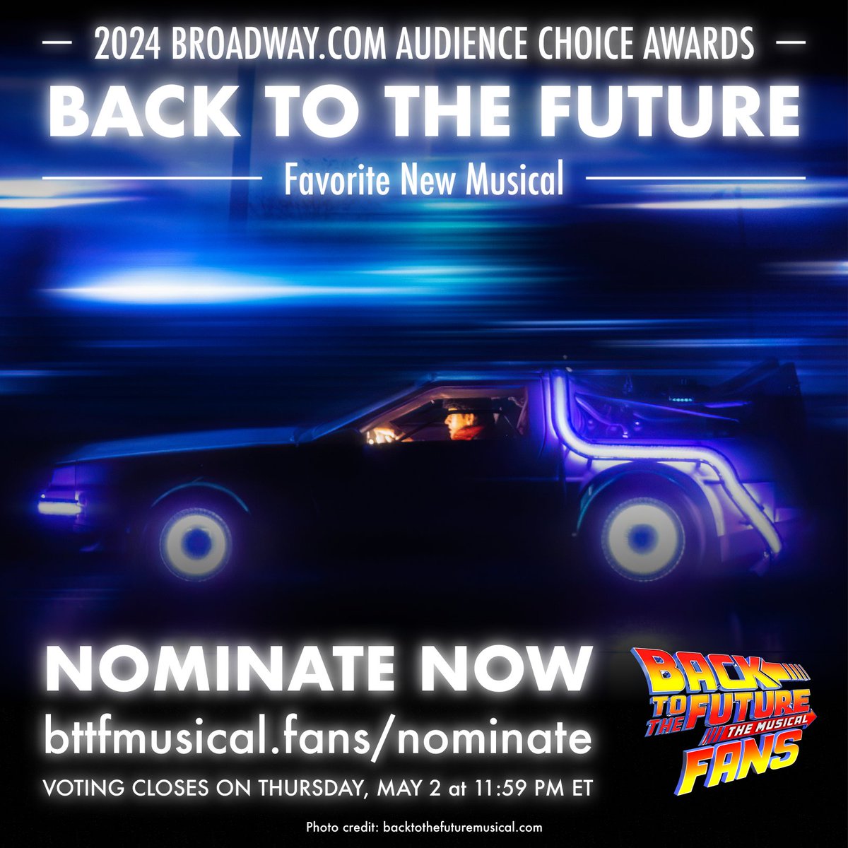 Vote for @BTTFBway in EIGHT categories of the 2024 @broadwaycom Audience Choice Awards:

⚡️ Favorite New Musical

🗳 surveymonkey.com/r/NC6G2BY

Voting is open until 11:59 PM ET on May 2. Do it now before you’re OUTATIME!

#bttfbway #bttfbroadway #backtothefuturebroadway #broadway