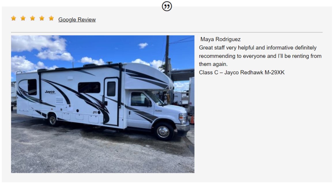 What our customers are saying.
#Google: g.co/kgs/NnJMjyi
'Great staff very helpful and informative definitely recommending to everyone and I’ll be renting from them again.' Call (754) 200-0292
#rv #rving #rvlifestyle #rvlife #rvtravel #rvliving