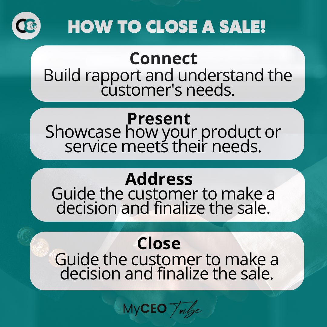 Are you struggling to close a sale then follow this sales mastery with 4 simple steps

#myceotribe #sales #targetaudience #salestips #ukbusinessowner #entrepreneurs #naijabusinessowners