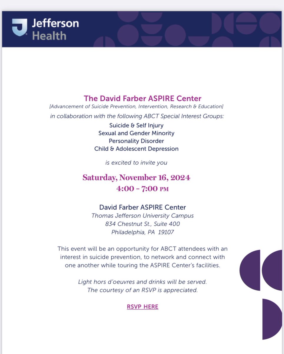 Save the date for @ABCTNOW festivities in November! We’re partnering with Jefferson Health and various SIGs interested in suicide prevention to facilitate networking and collaboration ☺️ RSVP here: dfaspire.ticketleap.com/abct/