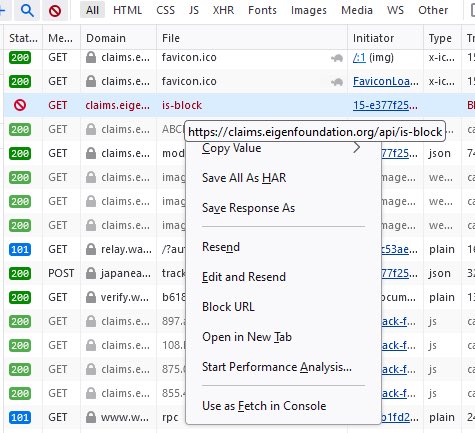 Instructions to bypass EigenLayer VPN geoblock: On Firefox, open dev console on the claims page. Go Network. Refresh page, find file is-block, right click, block URL, refresh You’re very welcome