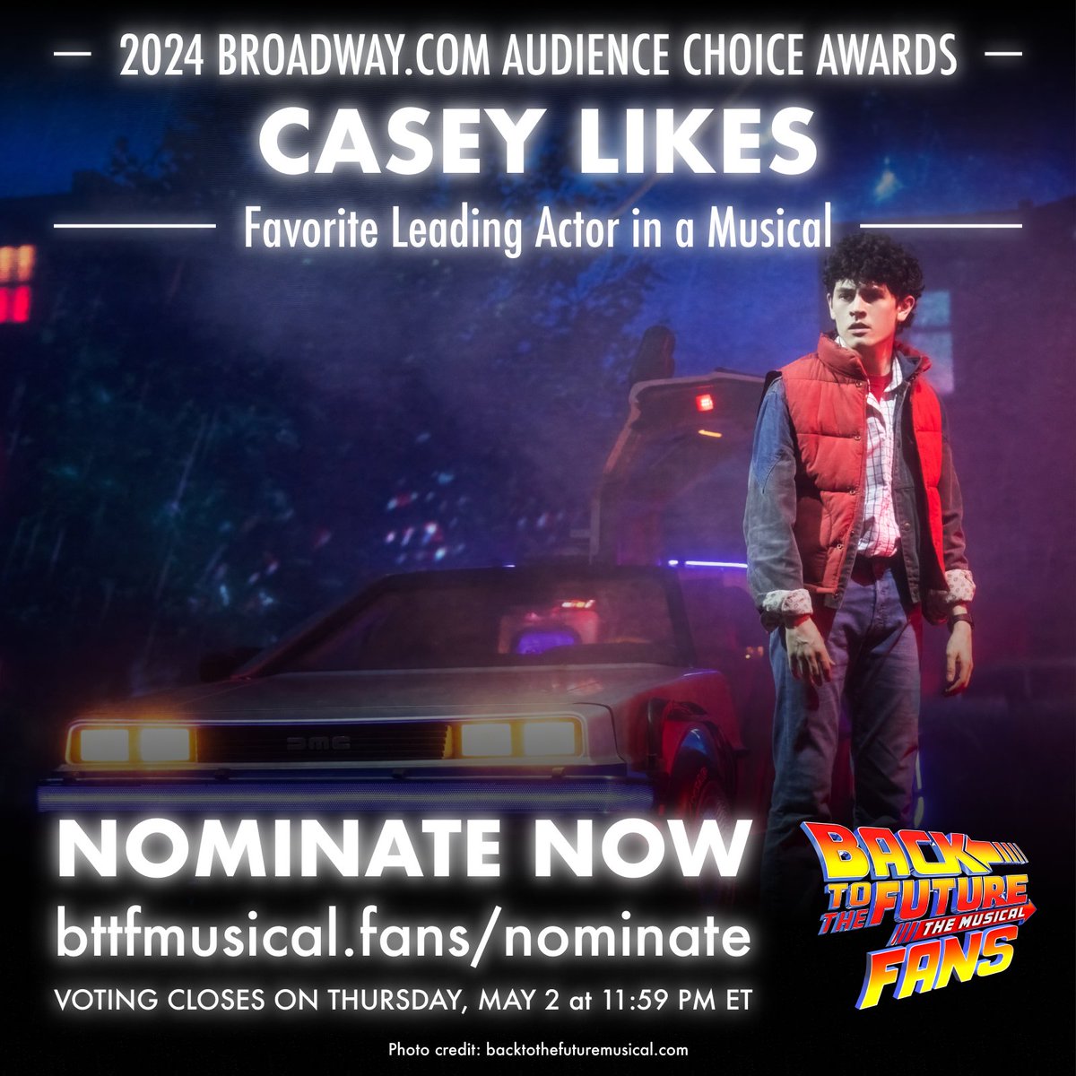 Vote for @justcaseylikes in the 2024 @broadwaycom Audience Choice Awards:

⚡️ Favorite Leading Actor in Musical

🗳 surveymonkey.com/r/NC6G2BY

Voting is open until 11:59 PM ET on May 2. Do it now before you’re OUTATIME!

#bttfbway #bttfbroadway #backtothefuturebroadway #broadway