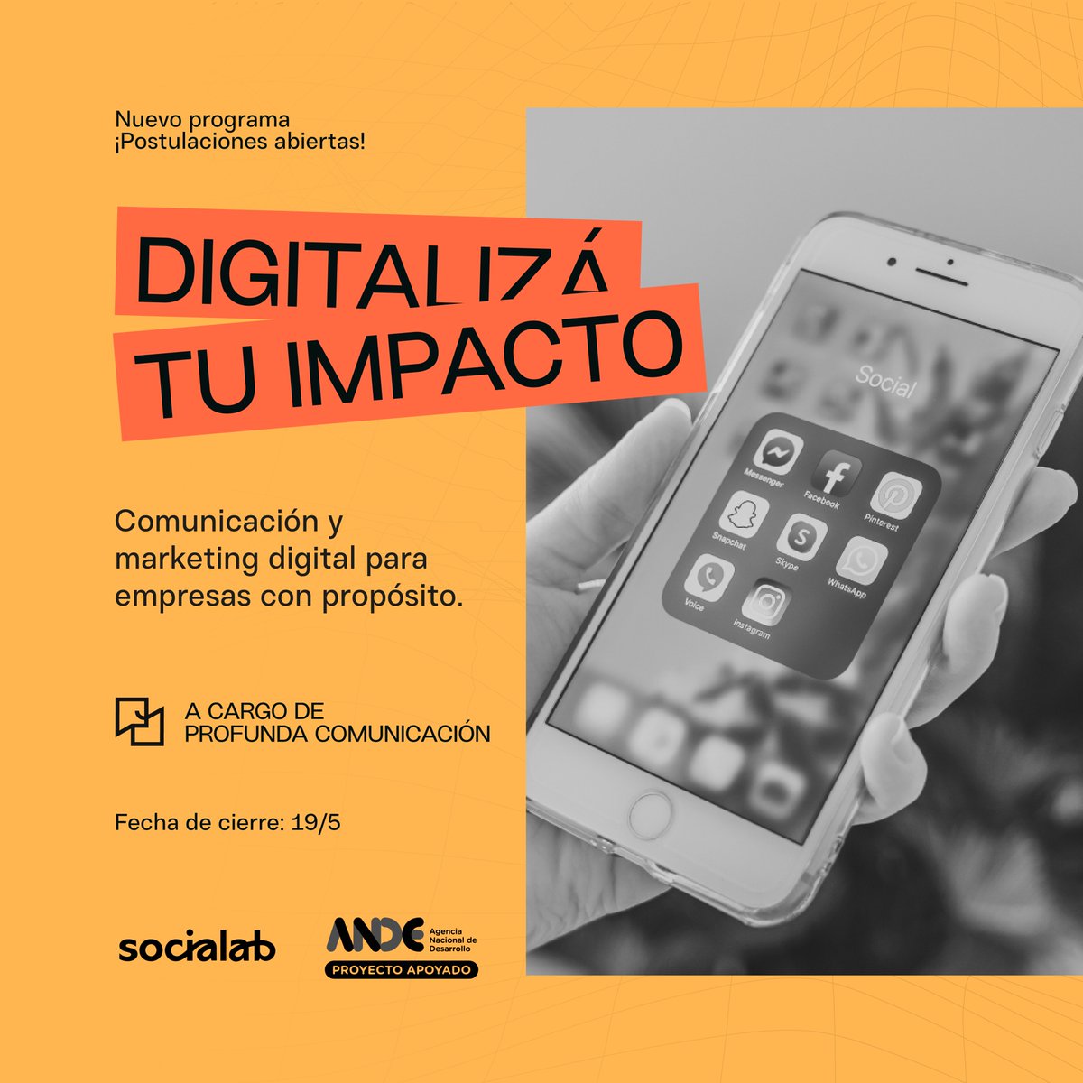 ¿Sos una empresa de impacto y te cuesta comunicar lo que haces y tu valor diferencial en el entorno digital? 

➡️ Tenemos una invitación: ¡POSTULATE A DIGITALIZÁ TU IMPACTO! 😮  

✍🏼 Más información y postulaciones en socialaburuguay.com/talentodigital
