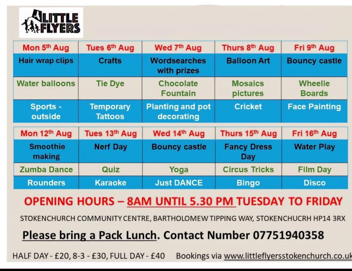 Heres our Summer Holiday Planner! 

Book by 31st May to receive a 10% Discount off your booking!

We can’t wait for summer and all the exciting activities that we have planned!

#LittleFlyers #Summer #Holidayclub