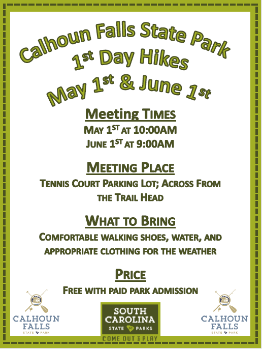 #FirstDayHike coming up this Wed, May 1 -- at Calhoun Falls State Park! Meet at the tennis court parking lot at 10 a.m. Wear comfy shoes 👟 & bring water! 💧 Free event with park admission! We will have First Day Hike stickers for all who participate! 🔗 brnw.ch/21wJisv