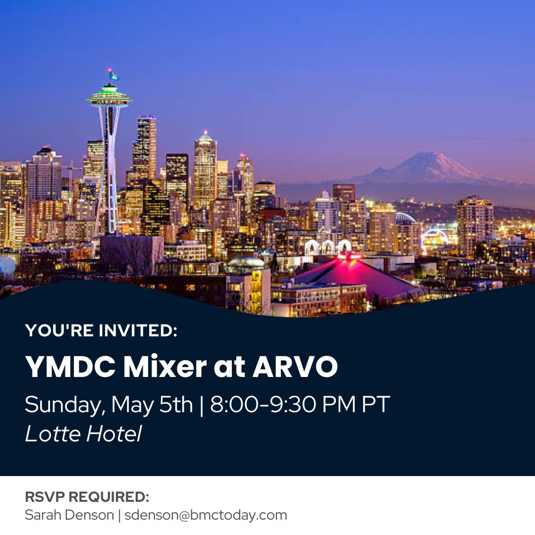 Attending #ARVO this weekend? The YMDC team would like to invite you to the YMDC Mixer at ARVO on Sunday, May 5th at the Lotte Hotel! We hope to see you there! 🎉 Please RSVP to Sarah at sdenson@bmctoday.com 📩