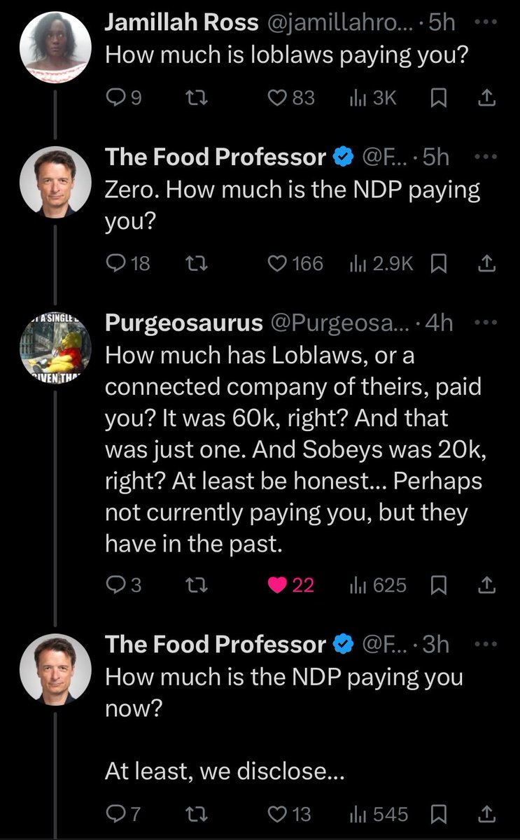 The Food Prof moves from saying he receives “zero” Loblaws funding to “at least, we disclose” (only when presented with proof of his outright lying) in a mere 2 posts

funny how right-wingers assume every social cause the result of ‘funding’ bc that’s how it works in their world
