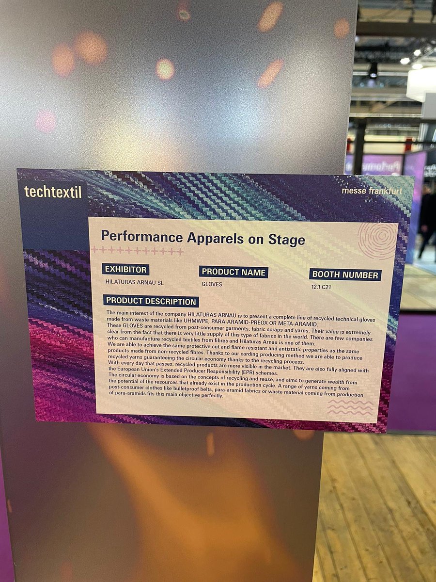 hilaturasarnau's tweet image. GUANTES IGNÍFUGOS + ANTICORTE 100% PARA-ARAMIDA RECICLADA, seleccionados para la exposición especial &quot;Performance Apparels on Stage&quot; en #Techtextil 2024.

Un producto de gran valor añadido, ejemplo de innovación, reciclaje ♻️ y sostenibilidad 🌱 aplicados a los textiles técnicos.
