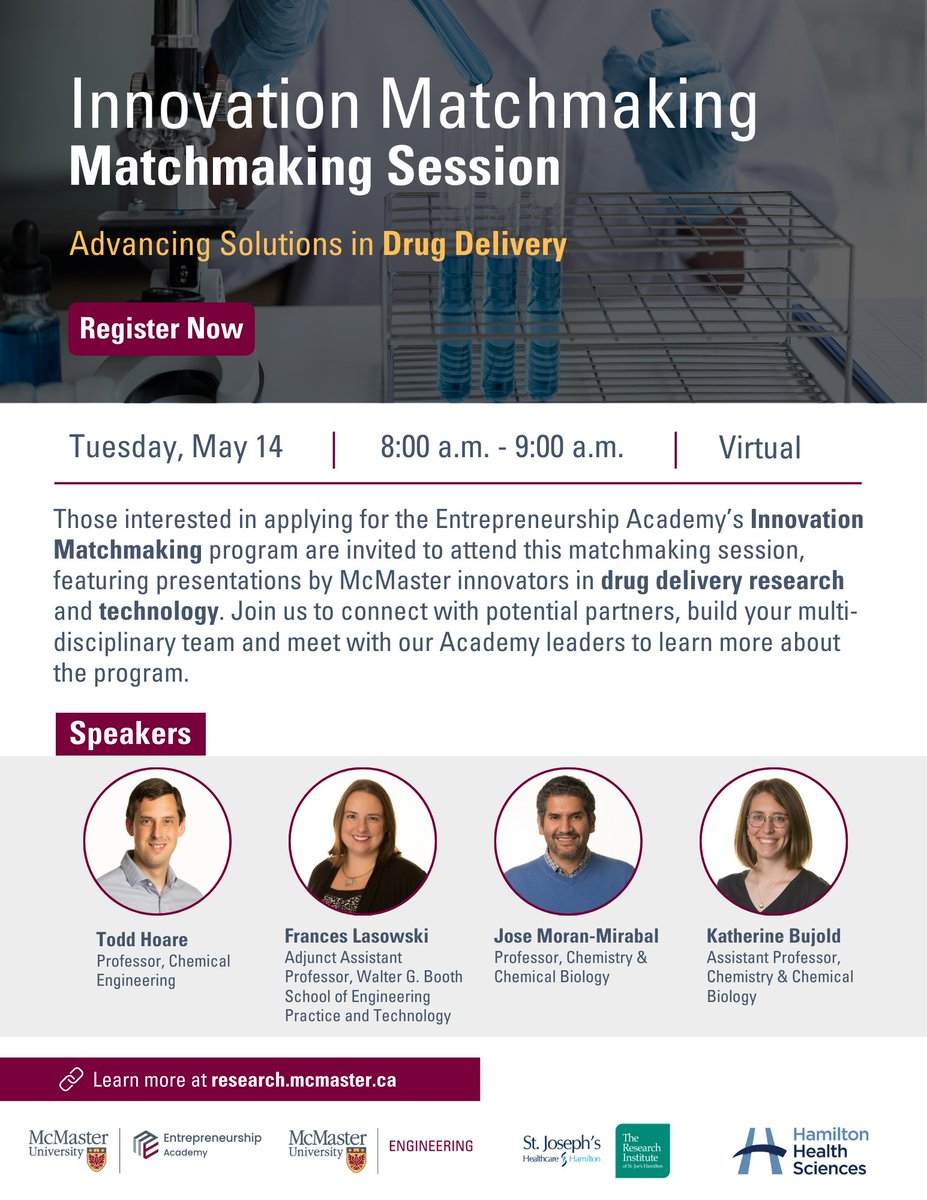 Interesting in applying for McMaster's Innovation Matchmaking program? Register for this Innovation Matchmaking Session (Advancing Solutions in Drug Delivery) on May 14th to connect with potential partners and learn more about the program. 🔗forms.office.com/r/vyXfWdNWM4