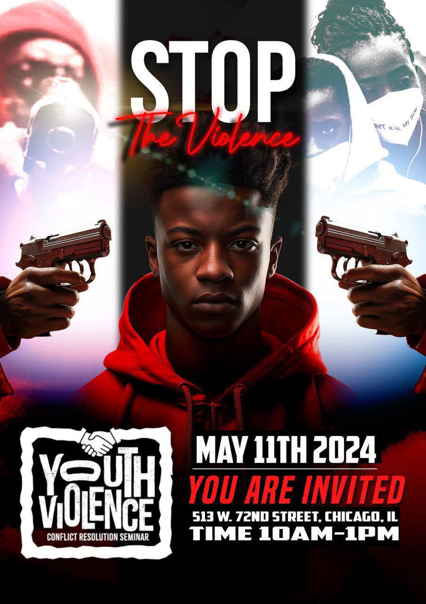 Join us May 11th from 10AM-1PM at 513 W. 72nd St, Chicago, IL 60621, to discuss the violence that plagues our community, and the solutions that will rid us of this problem. @AllStarsProject @champsmentoring 

#YouthViolence #Chicago #ChicagoViolence #GangViolence #StopTheViolence