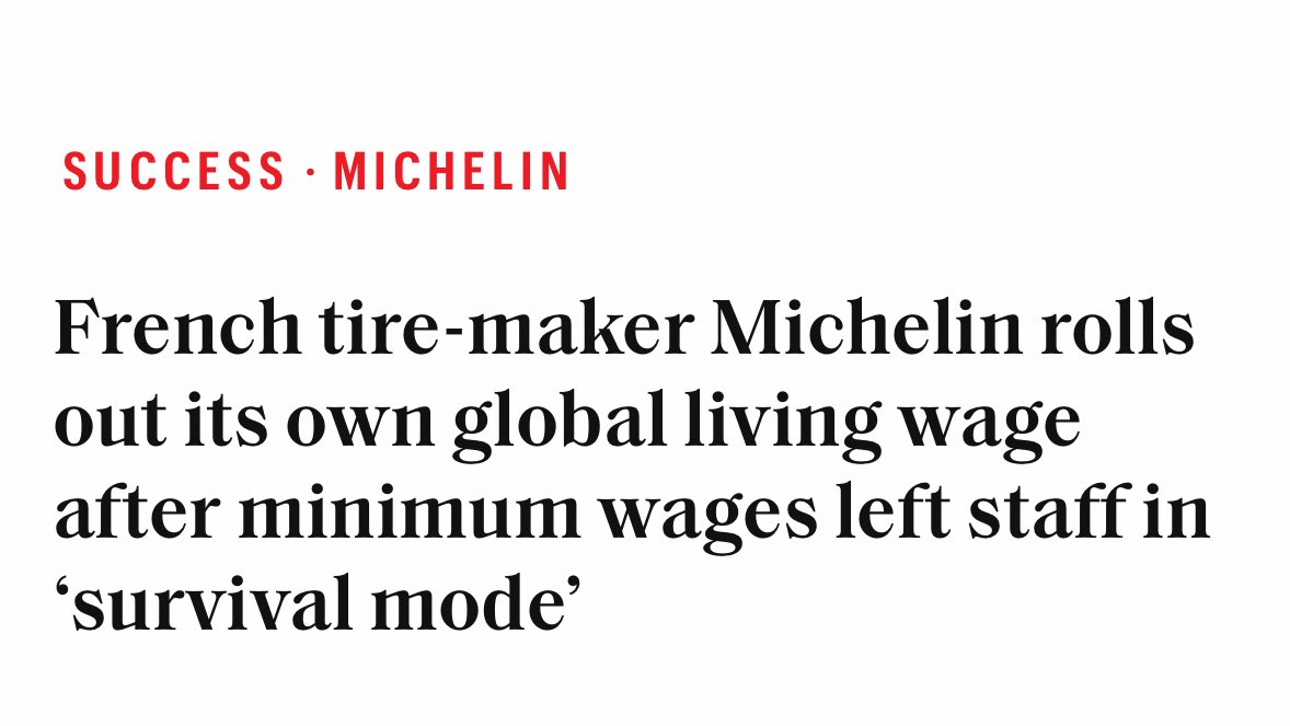 BREAKING: Upon realizing the minimum wage in its home country left workers at breaking point, French tire-maker @Michelin has taken matters into its own hands, giving employees “a hefty pay raise,” rolling out its own living wage to its 132,000 employees fortune.com/europe/2024/04…