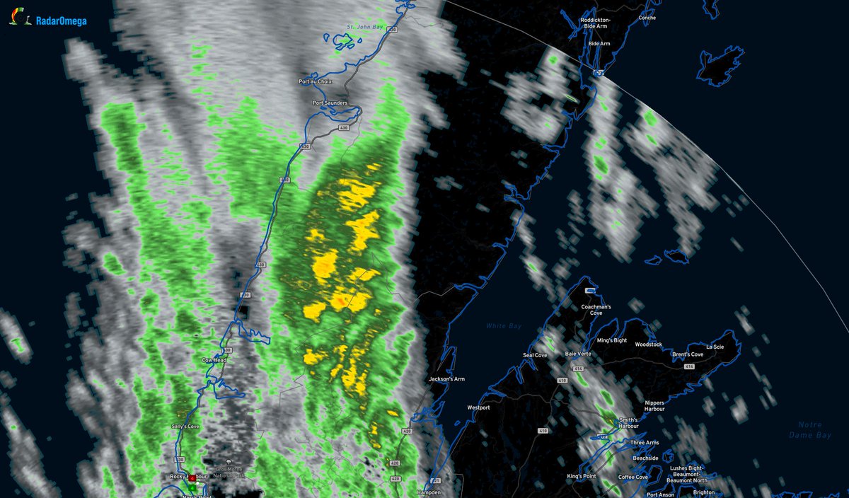 Heavy area of rain approaching the area between Port Saunders and Cow Head. #nlwx