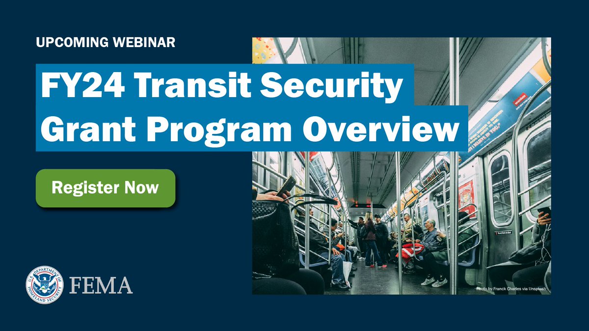 You’re invited! Join us tomorrow at 1 pm ET for an overview of the FY24 Transit Security Grant Program. These funds aim to help public #transit agencies protect critical surface #transportation infrastructure & travelers from acts of terrorism. Register⤵️ fema.zoomgov.com/webinar/regist…