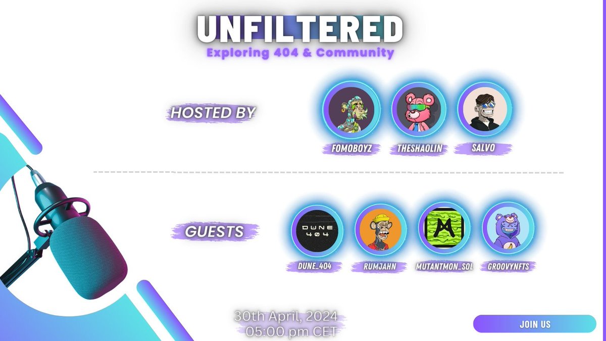 Are you ready for Episode 5 of UNFILTERED with me,@FOMOBOYZS, and @salvonft ? Come explore 404 Communities and Hybrid NFT's featuring @Dune_404 @rumjahn @MutantLabs_ @GroovyNFTs Save the date: April 30thth at 11 AM EST! Set a reminder in the first comment 👇