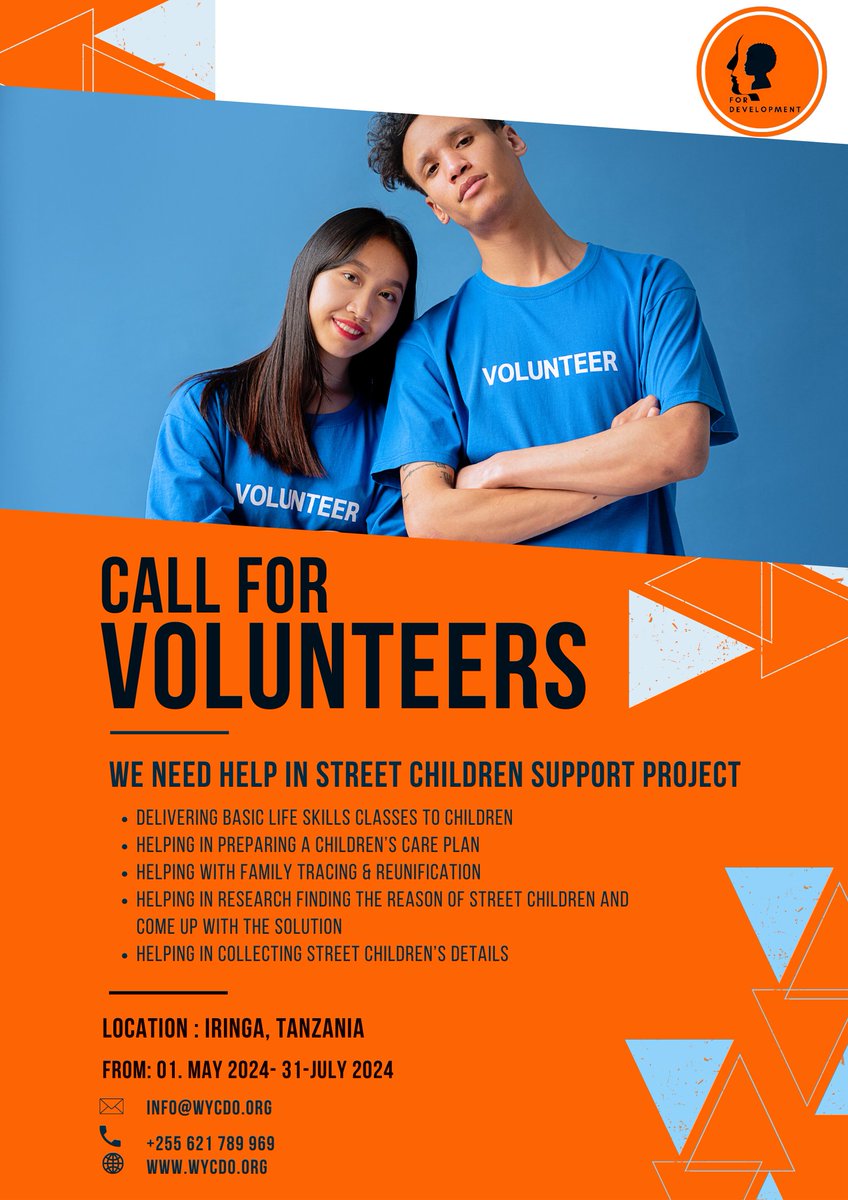 CALL FOR VOLUNTEERS (BOTH LOCAL AND INTERNATIONAL VOLUNTEERS)

More info concerning the project: rb.gy/osw5vz

#wycdo #volunteers #sisisotefoundation #usembassytz #streetchildren