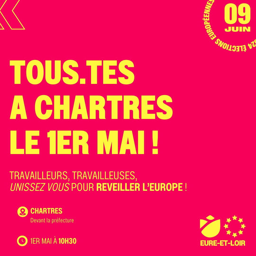 Les @JeunesSoc28 vous donnent rendez-vous ! 🗓️Le #1erMai ⌚️à partir de 10h30 📍Devant la préfecture de #Chartres Travailleurs, Travailleuses, Lycéen.nes, étudiant.es, Unissons Nous pour #ReveillerLEurope !