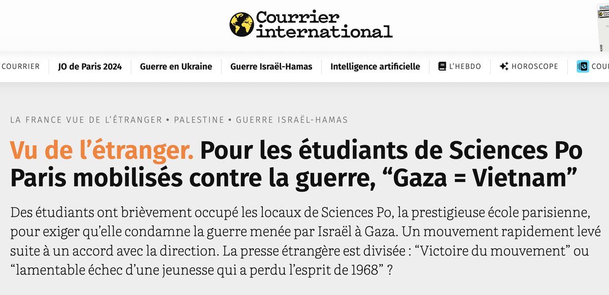 Grand merci @courrierinter pour avoir lu l'édito @Blick_fr sur la colère étudiante engendrée par le carnage de Gaza. Merci @CarolinLohrenz courrierinternational.com/article/vu-de-…