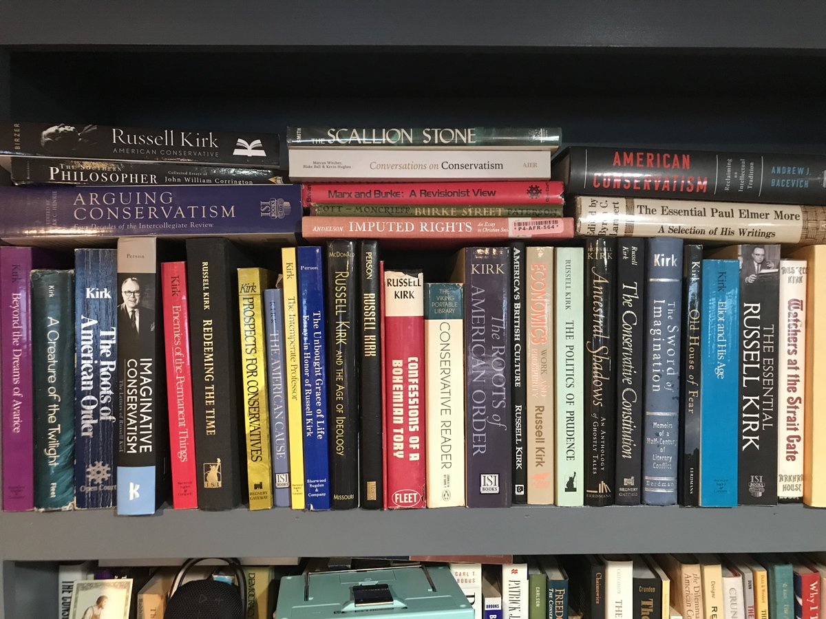 30th anniversary of the great Russell Kirk today. Read a book to celebrate him. This is the Kirk section of the home library of late @ubookman editor Gerald Russello. No wonder why he was the consummate Kirk scholar.