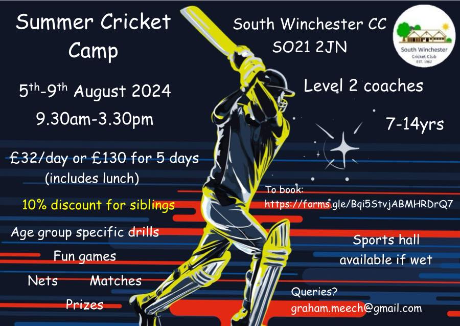 We will be running our ever-popular Summer Cricket Camp at the IBM Hursley playing fields from August 5th to 9th.
The camp is for all aged 7 to 14 years old. Led by ECB Level 2 Coaches &amp; includes lunch each day.
For booking and more info please visit;
docs.google.com/forms/d/e/1FAI…