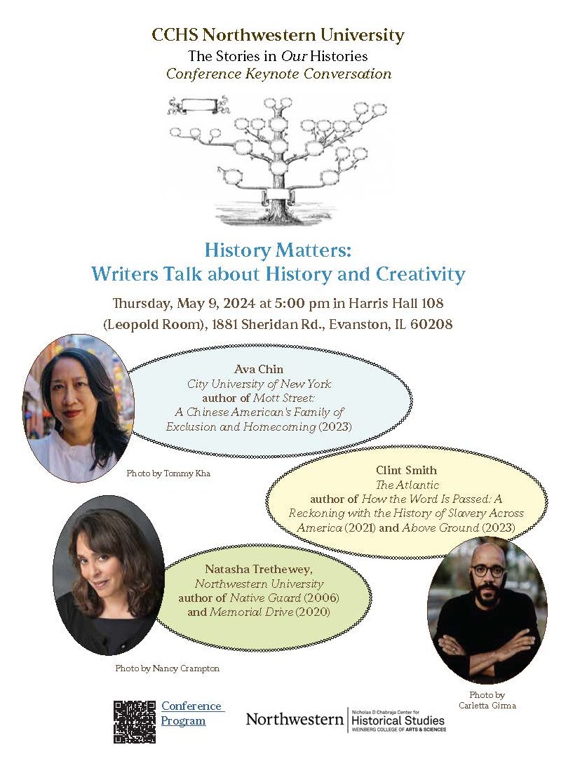Amid everything, I am hosting a conference. I'm thrilled that these fantastic writers will be in conversation at Northwestern Thursday, May 9 at 5pm: Ava Chin, Natasha Trethewey, and Clint Smith, discussing why history matters to their writing.