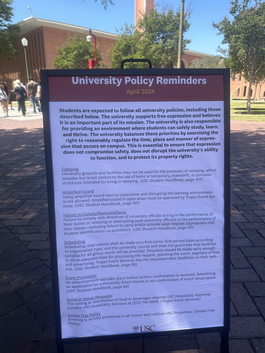 .@USC has these “university policy reminders” all over campus as the encampment in Alumni Park continues