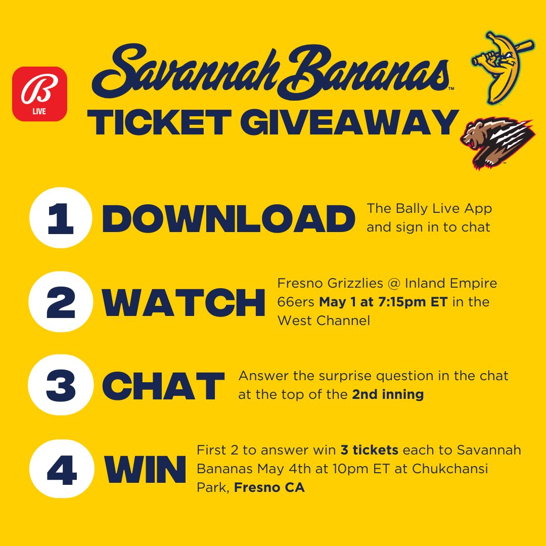 Fresno fans!! Here’s a chance to win 3 tickets to see @TheSavBananas vs @ThePrtyAnimals in Chukchansi Park, Fresno CA this Saturday May 4th. You must be signed in to the Bally Live App to chat. Travel and accommodations are not provided. Download Bally Live: