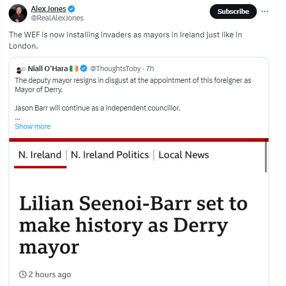 The idea the World Economic Forum is clandestinely working to select the ceremonial mayor of Derry & Strabane District Council involves exactly the sort of insight you'd expect from the guy who claimed that the Sandy Hook massacre was a conspiracy in which no one died.