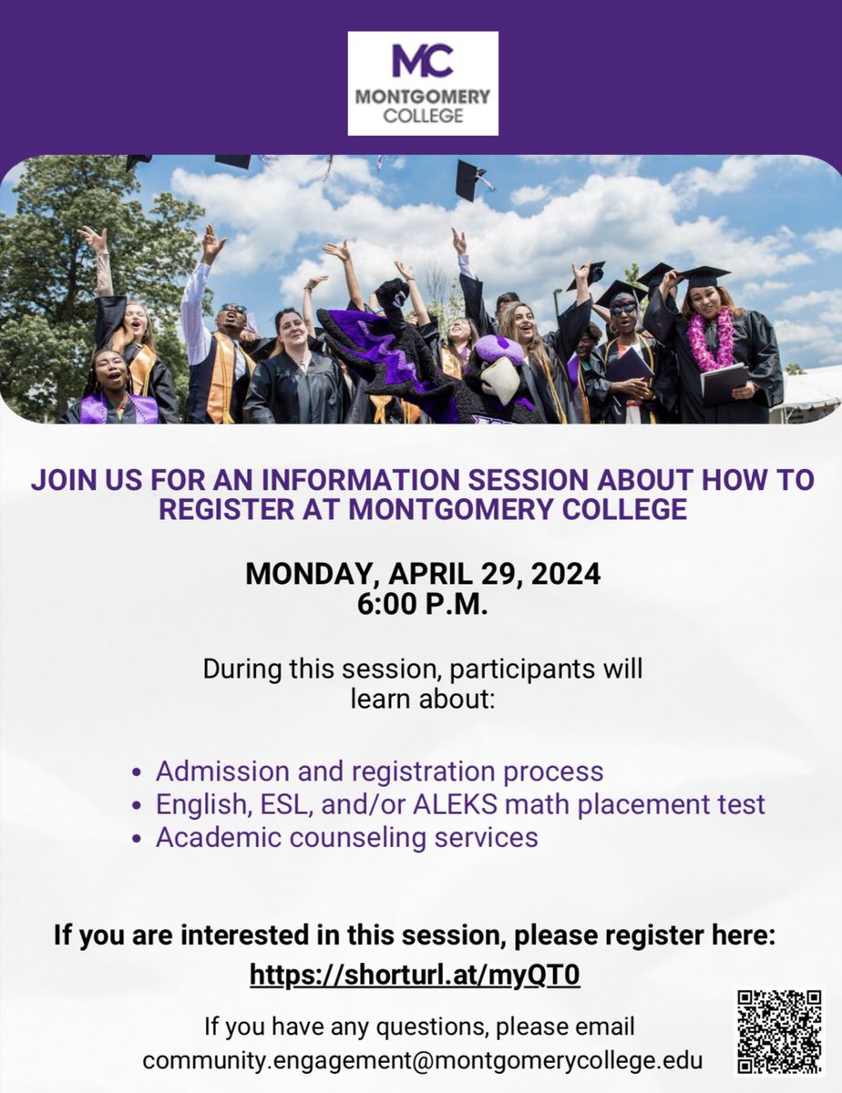 Join us tonight at 6 p.m. for a virtual information session about how to register for classes at Montgomery College. Please see the flyer for more details. #YouBelongHere students! Please register here to attend: shorturl.at/myQT0