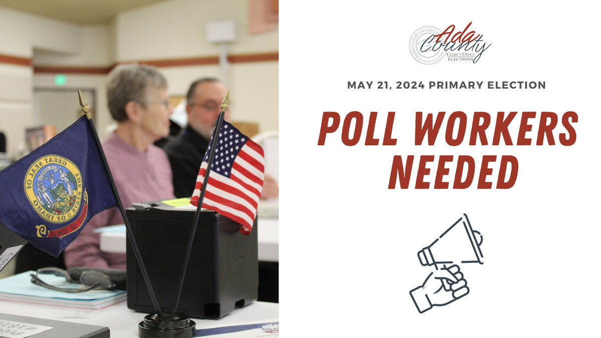 ‼ Do you live in central Meridian, northwest Boise or Garden City? Sign up to be a poll worker for the May 21st Primary Election and earn $150!

Poll workers play a key role in Election Day tasks. Visit our website to sign up ➡ adacounty.id.gov/elections/poll…