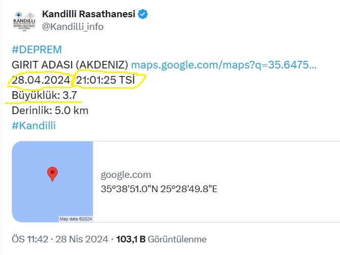 28.04.2024 deprem 3.7 şiddetinde  saat 21:01:25  

#deprem  #kaza #doğalafet  #astroloji #kehanet #öngörü #haber #SonDakika