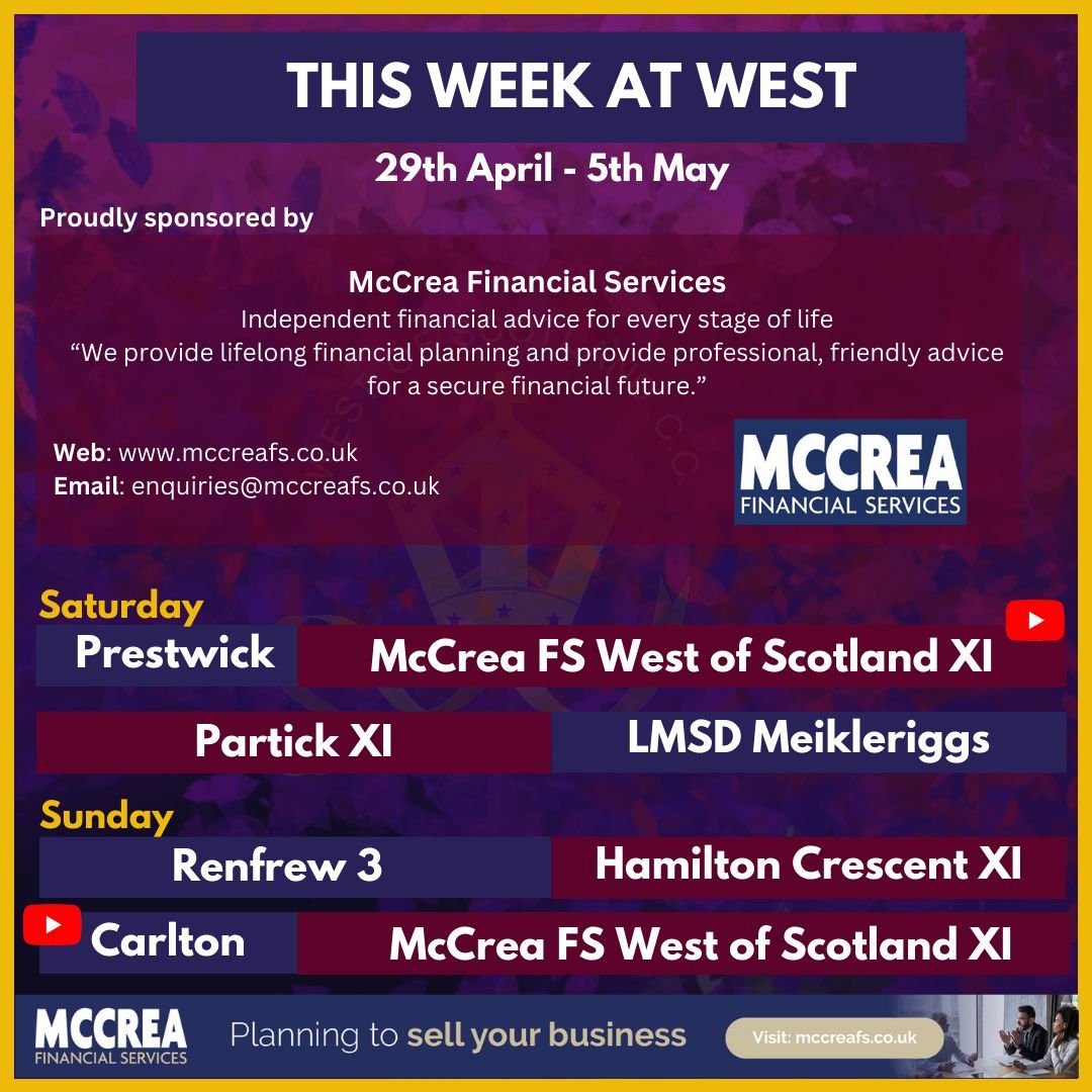 CRICKET IS BACK at Hamilton Crescent! ☀️ The McCrea FS West of Scotland XI have a double-header - a trip west to face Prestwick on Saturday and then east to battle with Carlton in the Scottish Cup on Sunday! The clubhouse and bar will be open at 12pm on Saturday, all welcome!