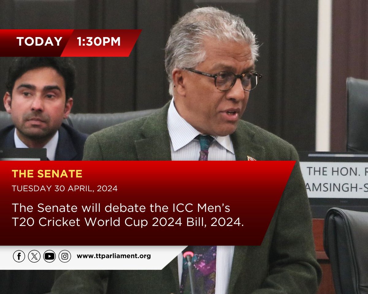 The Attorney General, Sen. the Hon. Reginald Armour, S.C., will move the second reading of The ICC Men’s T20 Cricket World Cup 2024 Bill, 2024 in the Senate TODAY from 1:30 p.m. Catch this Sitting LIVE on Parliament Channel 11, Radio 105.5 FM or ParlView. youtube.com/live/CchQPNu9b…