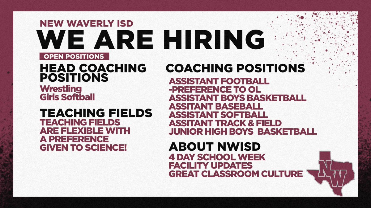 Come work with us! 4 Day school week. Brand new 16,000 square foot athletic facility. Less than an hour from Downtown Houston. 10 minutes from Willis and Huntsville. Give us a shout for details! @Matt_Stepp817 @padillapoll @THSCAcoaches