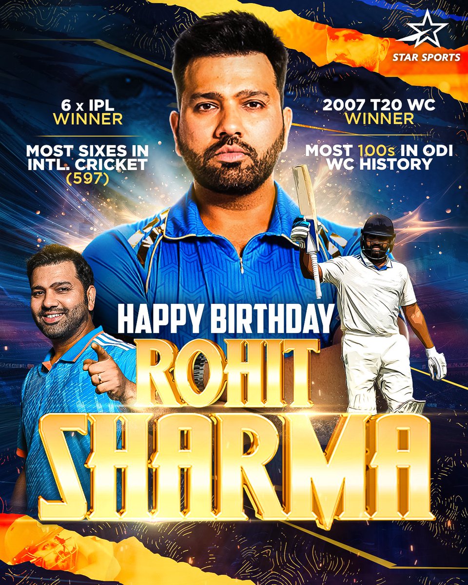 StarSportsIndia's tweet photo. Raising a toast to the one who defines effortless elegance! 👑 

Wishing the 'Hitman' a record-breaking year ahead! 🏏

#HappyBirthdayRohit #HappyBirthdayRohitSharma #Cricket https://t.co/gx6fEuwR7X