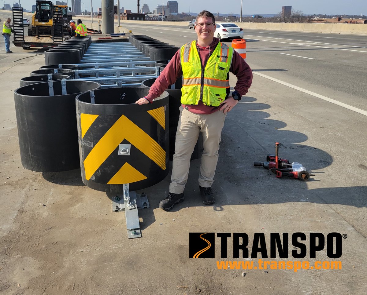A 29 cylinder REACT crash cushion installed at a busy traffic highway area! The REACT 350® Wide is a redirective, non-gating crash cushion, ideally suited to protect wide highway hazards. Call Transpo to find out more! #workzonesafety #crashcushion #roadsafety #highwaysafety