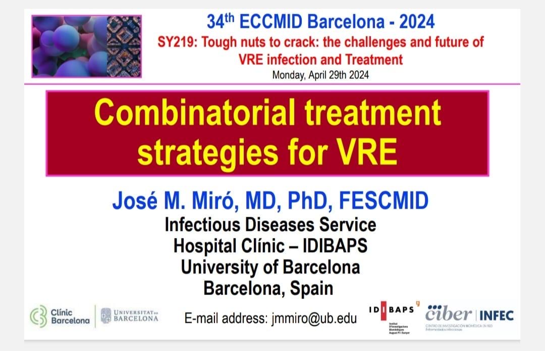 The optimal combined antibiotic treatment and its duration are not established yet. Combinations of high-dose daptomycin with beta-lactams or fosfomycin appear to be effective @ESCMID @hospitalclinic @idibaps @IETeamClinicBCN #ESCMIDGlobal2024