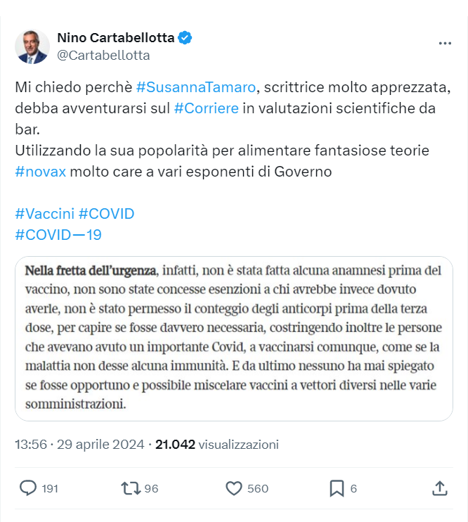 La Tamaro ha fatto considerazioni suffragate dai fatti che avrebbe dovuto fare qualsiasi medico responsabile. Quello che da 4 anni alza il gomito al bar è Cartabellotta.