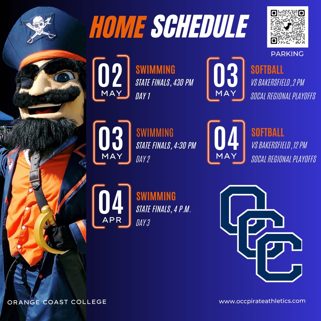 Swimming State Finals and Softball Playoffs will be rocking the OCC campus this week so be sure to come out and represent! GO PIRATES!! @orangecoast